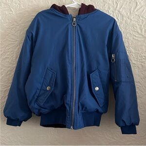Zara Kids Bomber Jacket Coat Blue Maroon Adventures Hood Children Boys 7